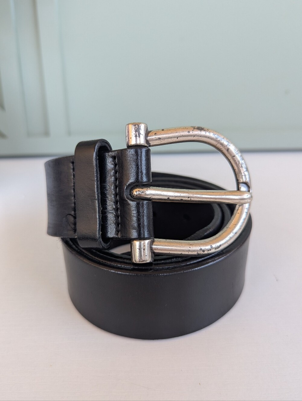 Cole Haan Black Leather Belt with Silver Rounded Buckle